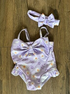 Baby Lilac Floral Bow One-Piece Swimsuit with Headband 3-6m